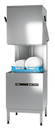Hobart Ecomax H604W-12B Hood / Passthrough 500mm Basket Frontloading Commercial Dishwasher with Drain Pump, 18 Plate Capacity