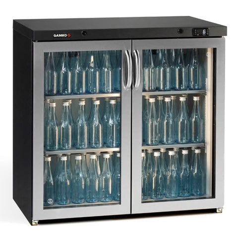 Gamko MG3/250GCS Maxiglass Hinged Stainless Steel Frame Glass Double Door Undercounter Bottle Cooler, 250 Litres