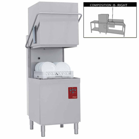 Diamond 015-25D/6/B-D 500mm Basket Passthrough Hood Dishwasher with 1 Entry/Exit Table & Right Side Pre-wash Table