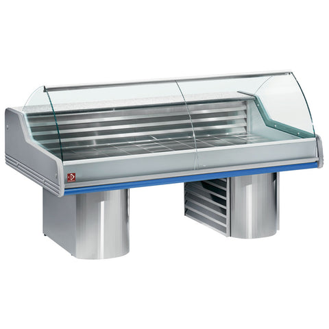 Diamond SG30B/B1-R2 Blue Trimmed Fresh Meat & Fish Refrigerated counter with Curved Glass, 3000mm