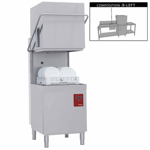Diamond 015-25D/6/B-S 500mm Basket Passthrough Hood Dishwasher with 1 Entry/Exit Table & Left Side Pre-wash Table