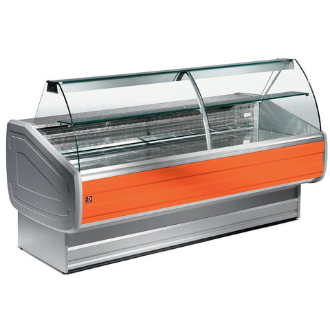 Diamond MY30/C1-VV/R2 Stainless Steel / Orange Trimming Refrigerated Curved Serveover Counter with Understorage, 3000mm