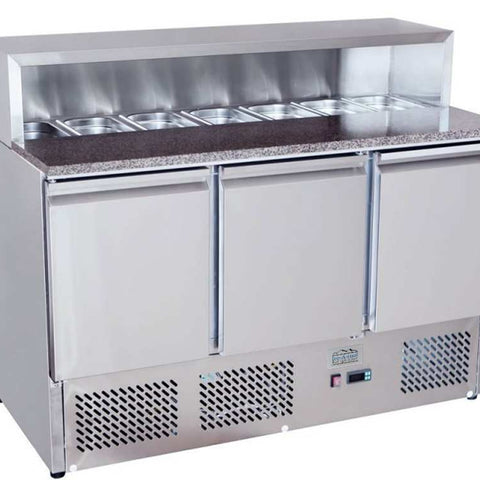 Ice-A-Cool ICE3858GR 3 Door Refrigerated Marble-Top Saladette Preparation Counter, 380 Litres