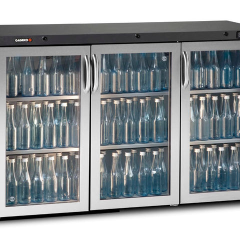 Gamko Maxiglass MG3/315GCS Maxiglass Hinged Stainless Steel Frame Glass Triple Door Undercounter Bottle Cooler, 315 Litres