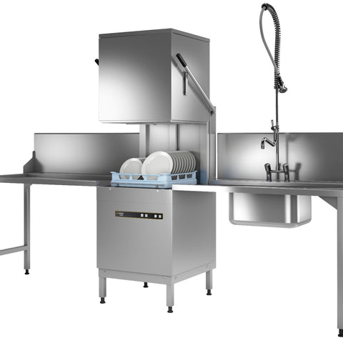 Hobart Ecomax H604W-12B Hood / Passthrough 500mm Basket Frontloading Commercial Dishwasher with Drain Pump, 18 Plate Capacity