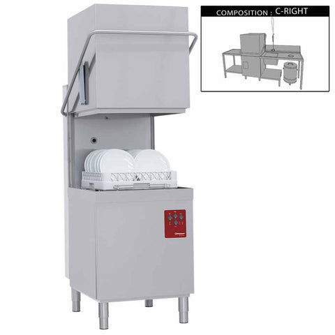 Diamond 015-25D/6/C-D 500mm Basket Passthrough Hood Dishwasher with 1 Entry/Exit Table, Right Side Pre-wash Table & Dustbin