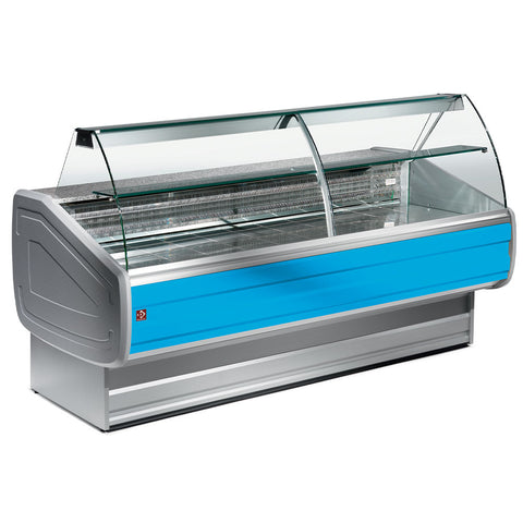 Diamond MY20/B1-VV/R2 Stainless Steel / Blue Trimming Refrigerated Curved Serveover Counter with Understorage, 2000mm