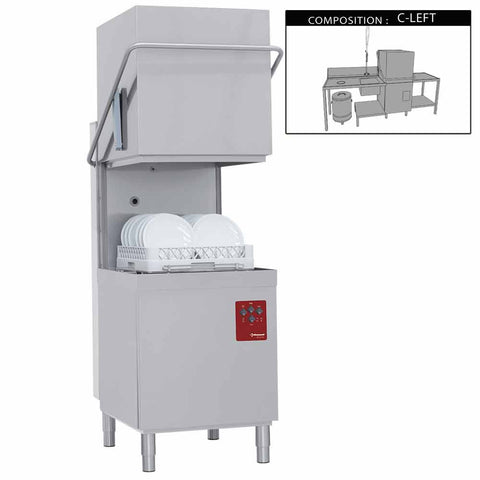 Diamond 015-25D/6/C-S 500mm Basket Passthrough Hood Dishwasher with 1 Entry/Exit Table, Left Side Pre-wash Table & Dustbin